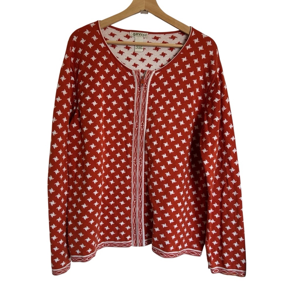 Orvis Orange & white print long slv reversible cardigan zip front cotton XL
